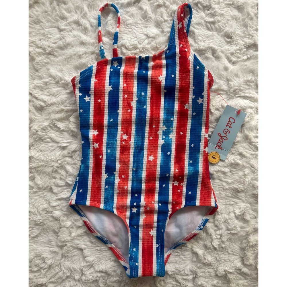 Cat & Jack Girls' Striped One Piece Sleeveless Swimsuit Patriotic look/ XS - S